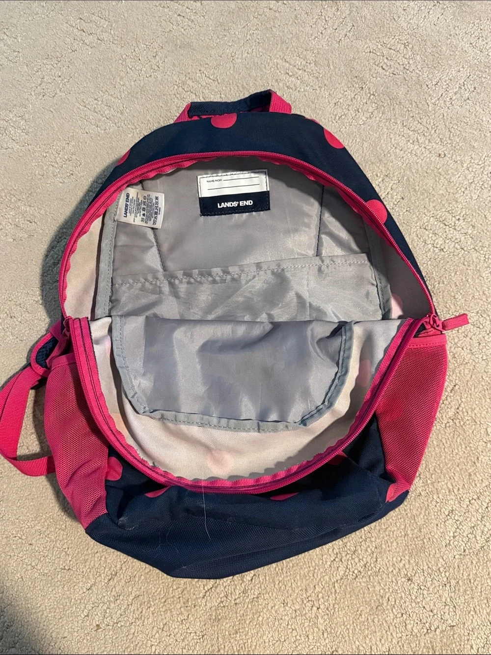 Lands' End Small Navy and Hot Pink Polka Dot Kids Backpack
